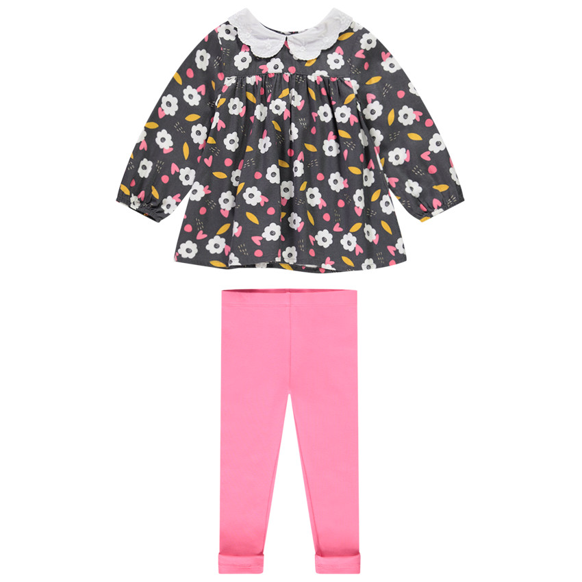 Ensemble tunique imprimé fleurs + caleçon uni pour bébé fille 