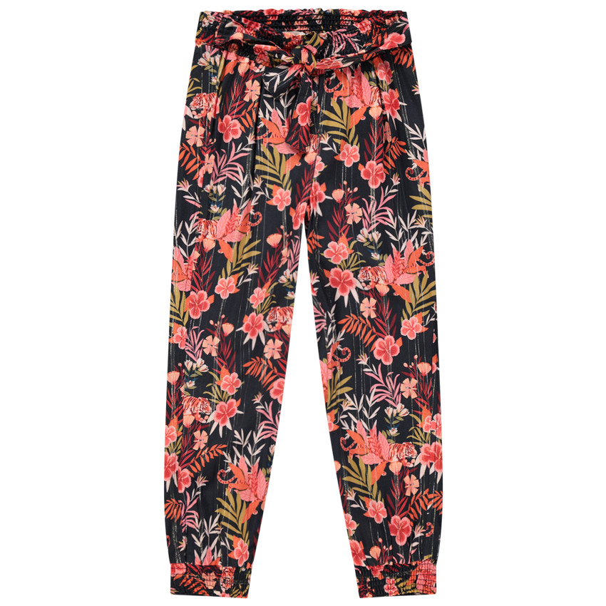 Pantalon à fleurs imprimées et rayurs argentées 