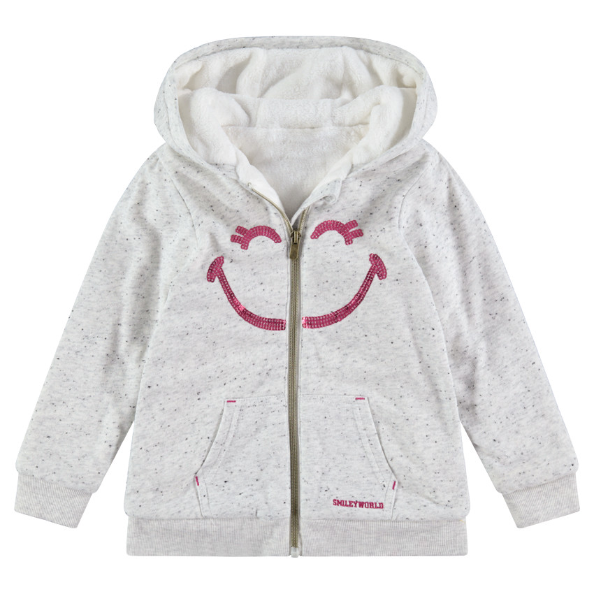 Gilet à capuche en molleton neps doublé sherpa avec Smiley en sequins 