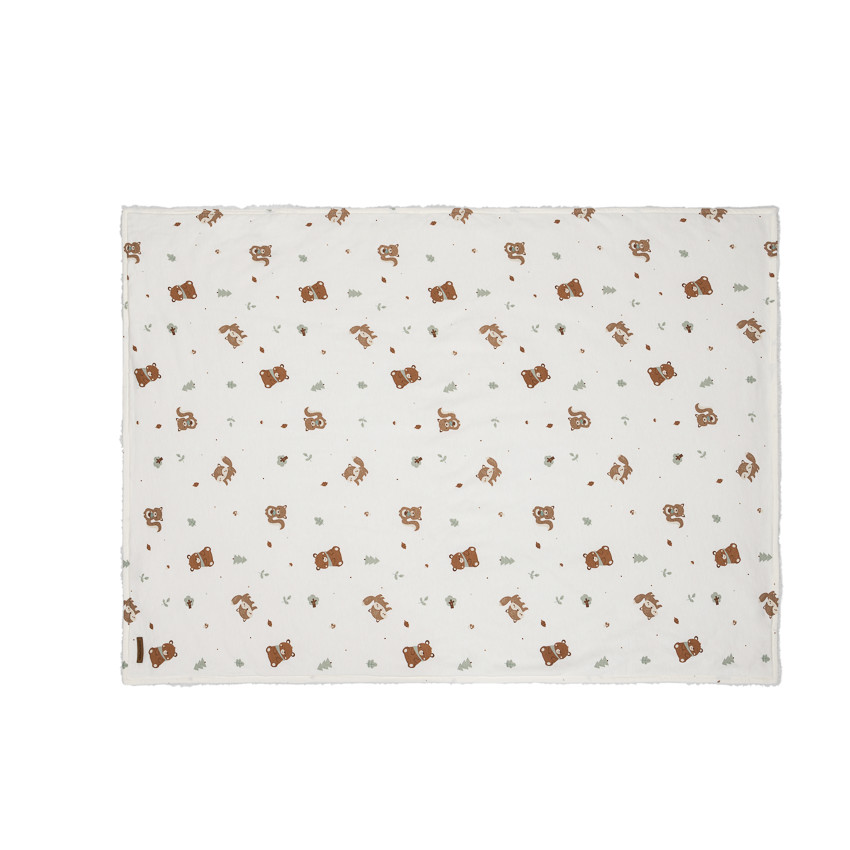 Couverture bi-matière 80 x 80 cm imprimé animaux Roi des Forêts écru 