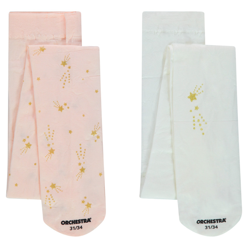 Lot de 2 collants fins avec étoiles filantes printées rose pâle/blanc 