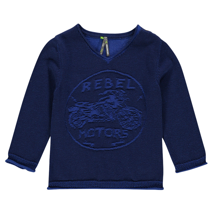 Pull en tricot avec col V et motif moto 