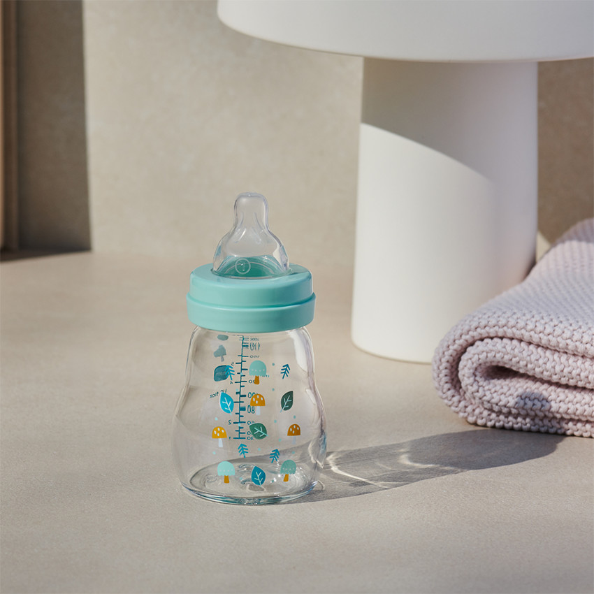 Biberon en verre 0/6 mois 170ml - Tétine débit 1 - Bleu 