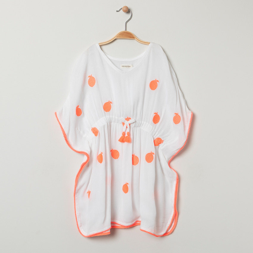 Robe de plage à fruits brodés et finition pompons pour fille Main Robe de plage à fruits brodés et finition pompons pour fille
