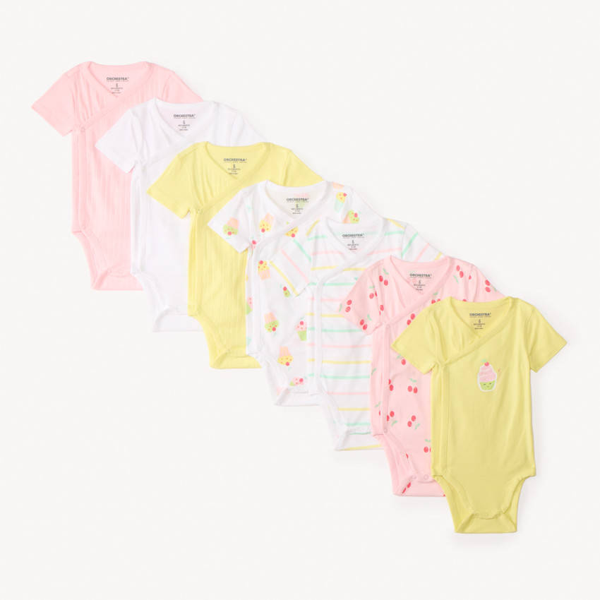Lot de 7 bodies manches courtes motifs gourmandises pour bébé fille (ouvertures différentes selon l'âge)