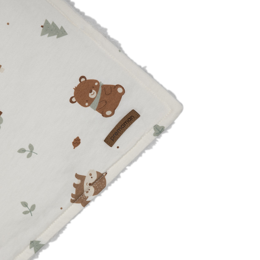 Couverture bi-matière 80 x 80 cm imprimé animaux Roi des Forêts écru 