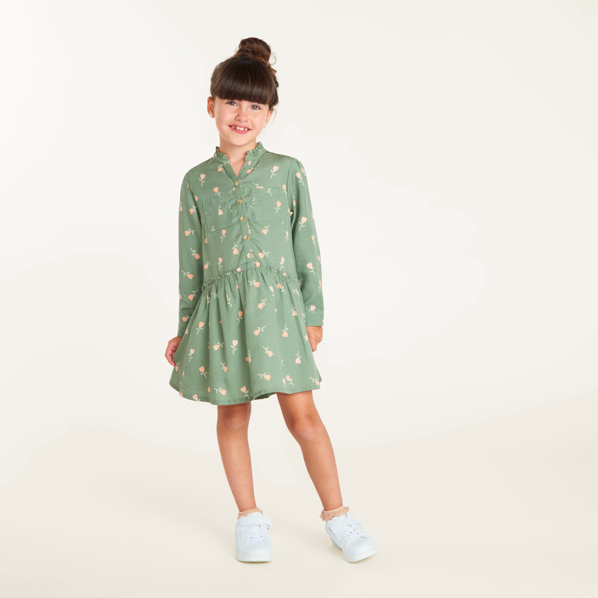 Robe fille col mao manches longues imprimé tulipes