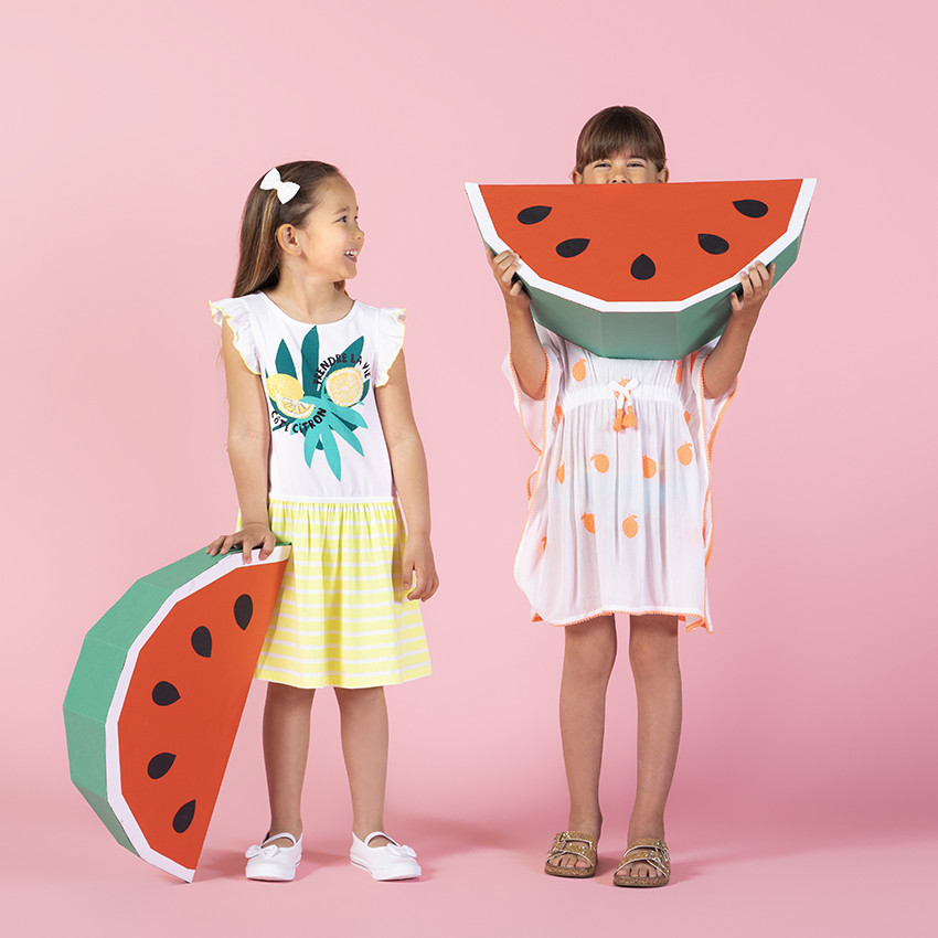 Robe manches courtes en coton à rayures et fruits printés 