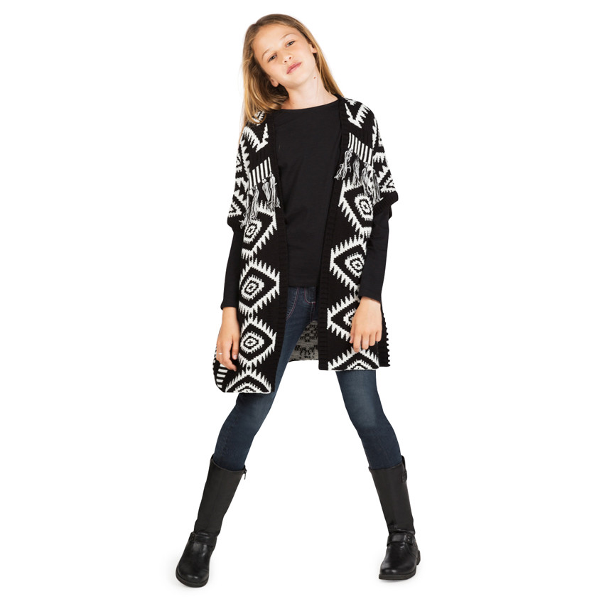 Junior - Poncho imprimé jacquard avec pompons 