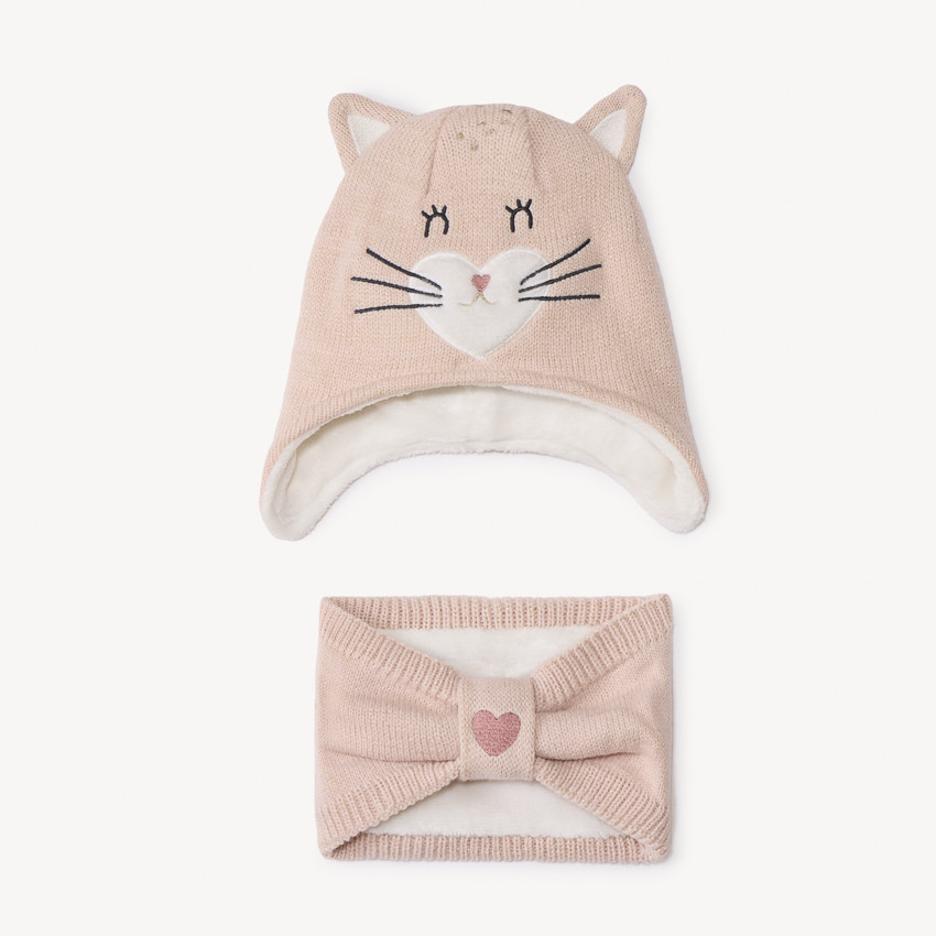 Set en tricot bonnet ludique chat + snood pour bébé fille 