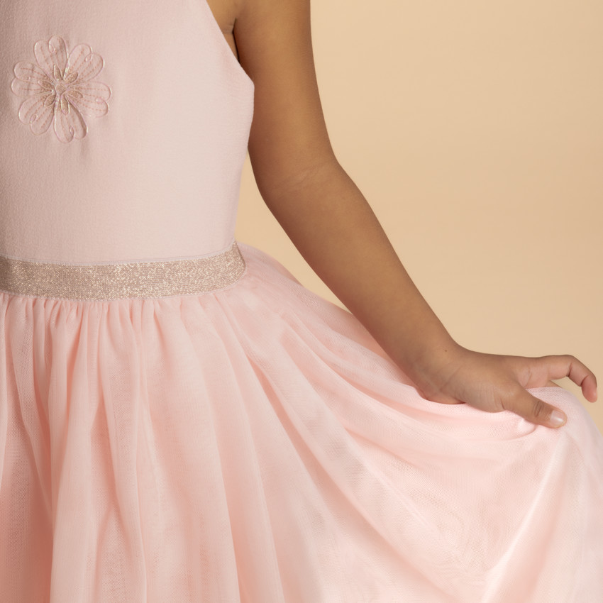 Robe de cérémonie bi-matière à bretelles et fleur pour fille 