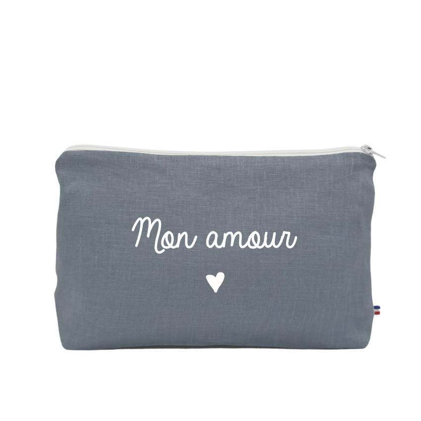 Trousse de toilette en lin &#34;Mon amour&#34; - Bleu grisé - Bleu gris