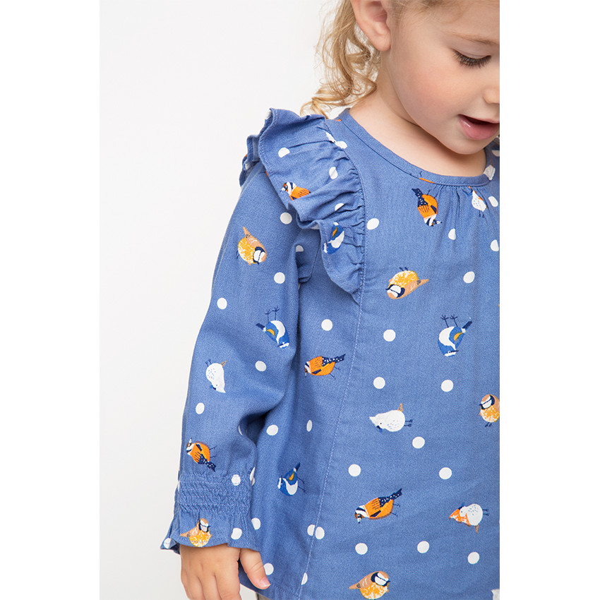 Tunique fluide à volants imprimée oiseaux 