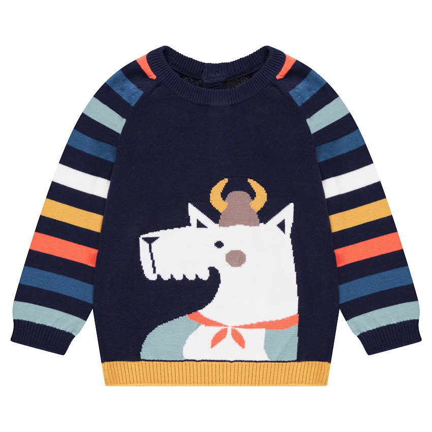 Pull en tricot avec viking en jacquard et manches rayées 