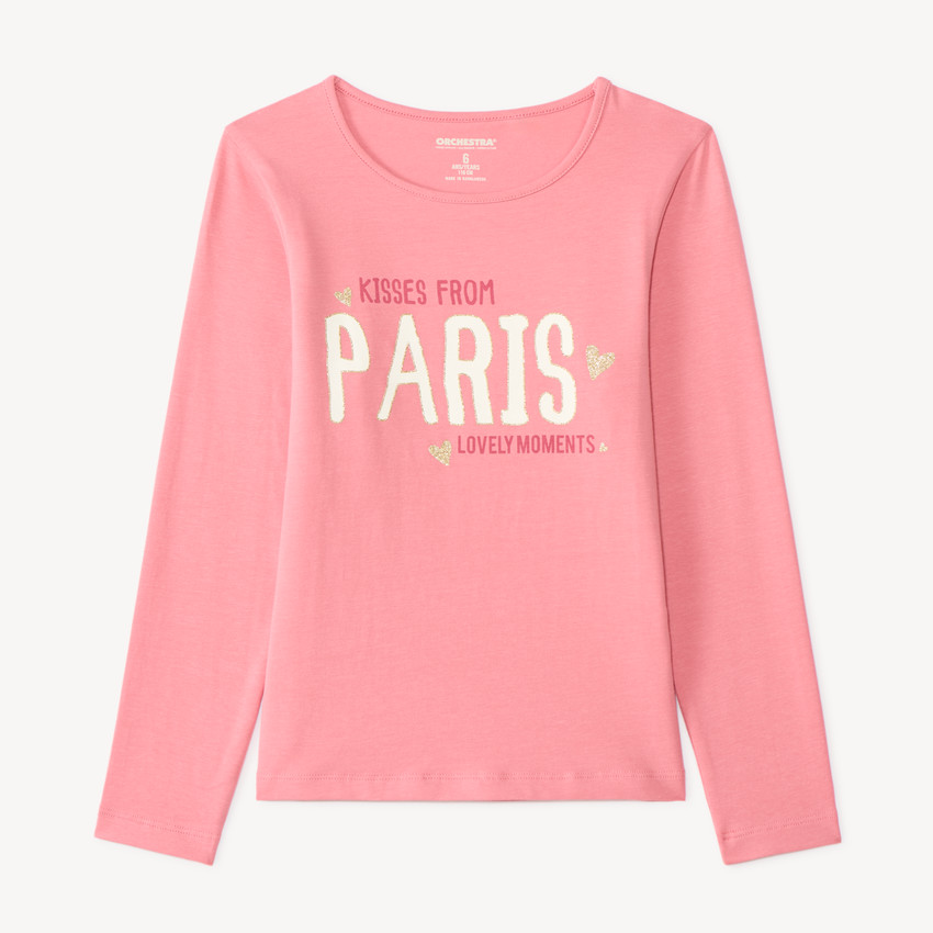 T-shirt manches longues fille avec imprimé fantaisie et paillettes