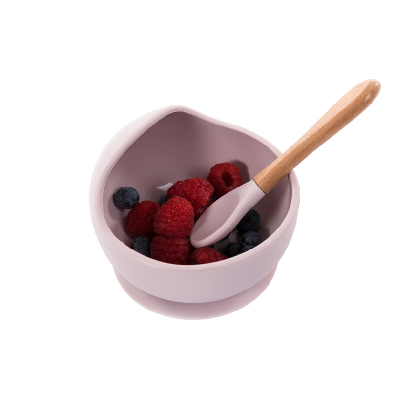 Bol en silicone avec ventouse + cuillère en bois - Rose 