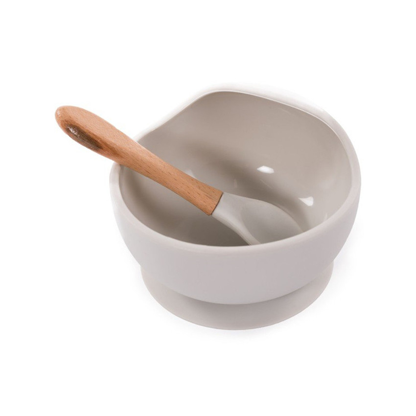Bol en silicone avec ventouse + cuillère en bois Gris