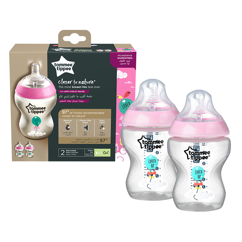 Lot de 2 biberons Closer to nature 260 ml - Déco rose 