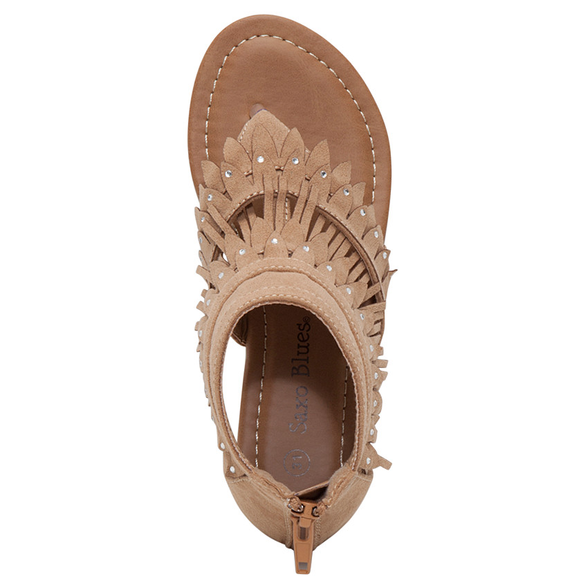 Nu-pieds effet daim camel à franges 
