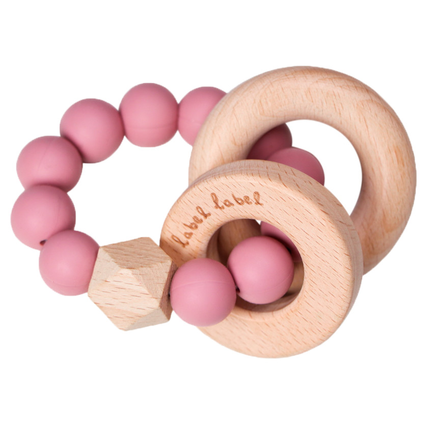 Anneau de dentition en bois avec perles en silicone rose 