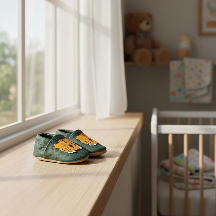 Chaussons bébé en cuir 12-18M Léo le lionceau vert 