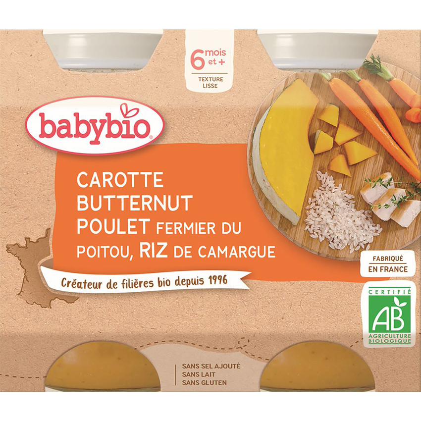 Petits pots de Carotte, Butternut, Poulet et Riz 2x200g 