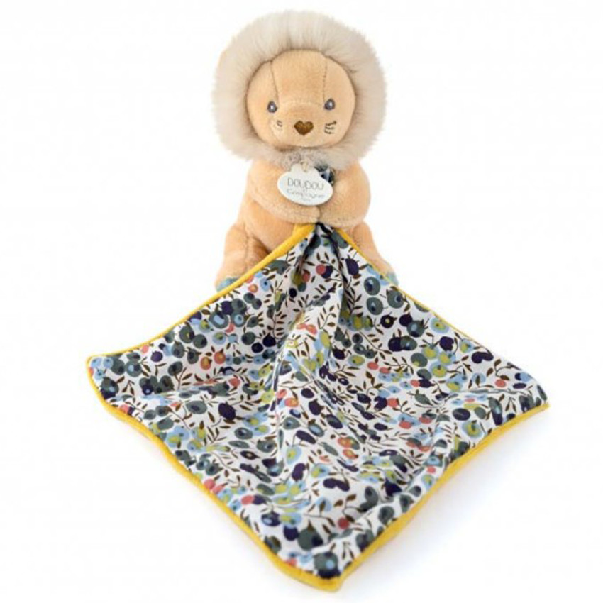 Doudou Boh'aime lion jaune avec mouchoir imprimé 