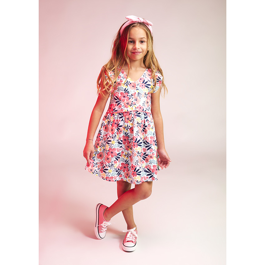 Robe manches courtes en voile de coton imprimé fleuri pour fille 