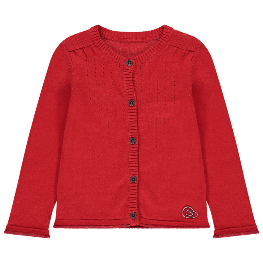 Gilet en tricot rouge détail badge forme coeur 