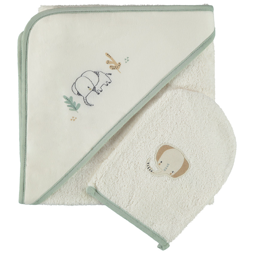 Set de bain cape + gant de toilette éléphant pour bébé 