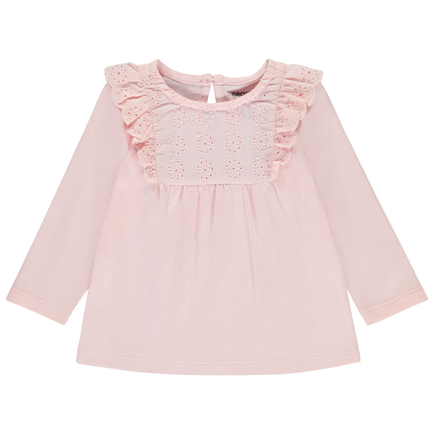 T-shirt manches longues à plastron brodé pour bébé fille - Rose