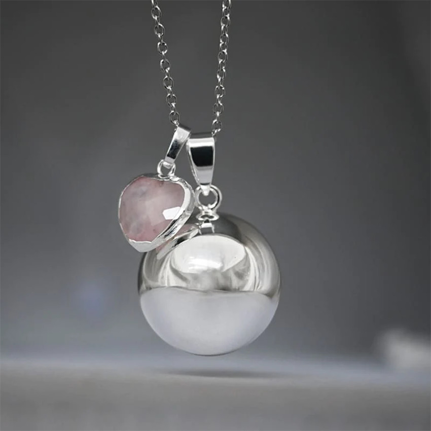 Bola de grossesse lisse avec cœur en quartz rose - Argent 