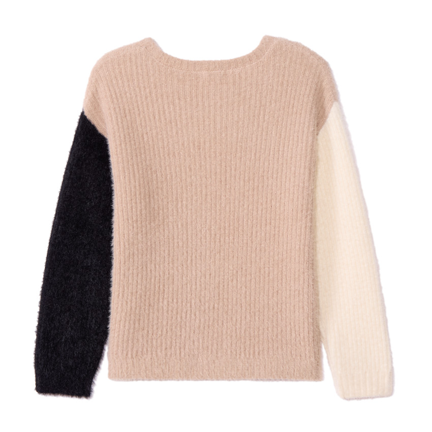 Pull manches longues en tricot pelucheux tricolore pour fille  