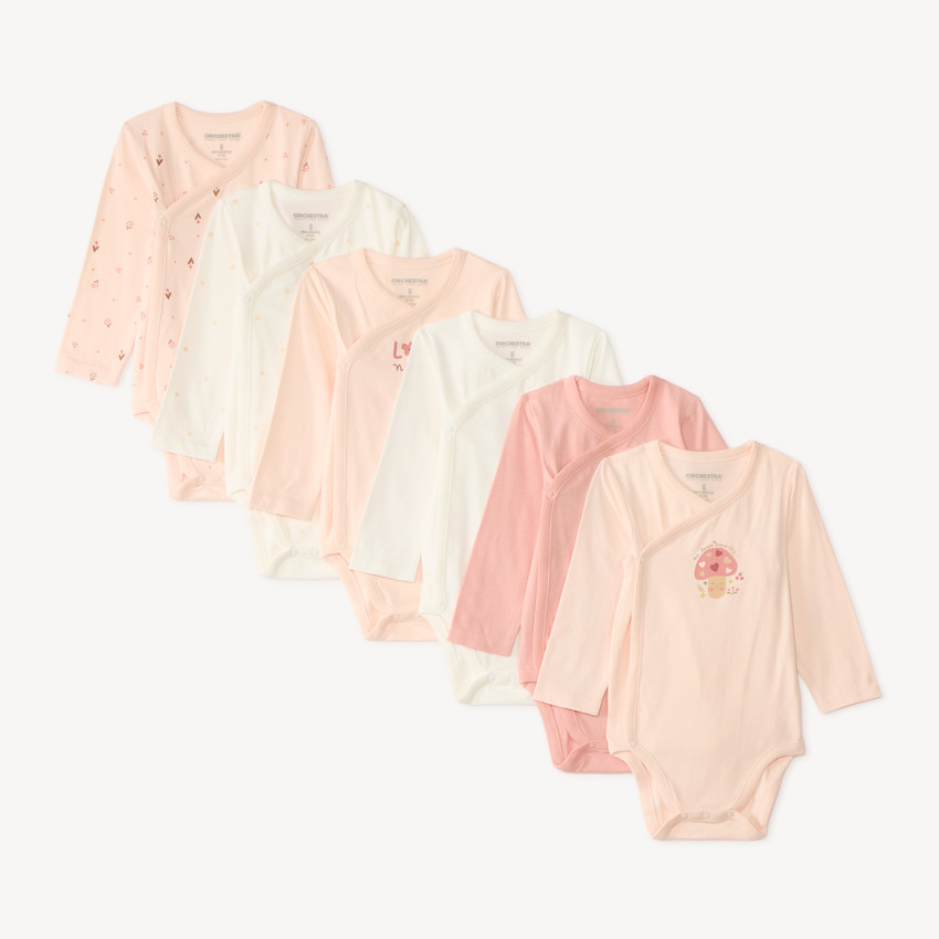 Lot de 7 bodies manches longues bébé fille avec finitions différentes selon l'âge 