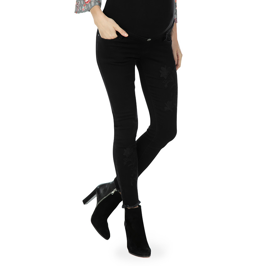 Jeans de grossesse avec bandeau haut et fleurs brodées 