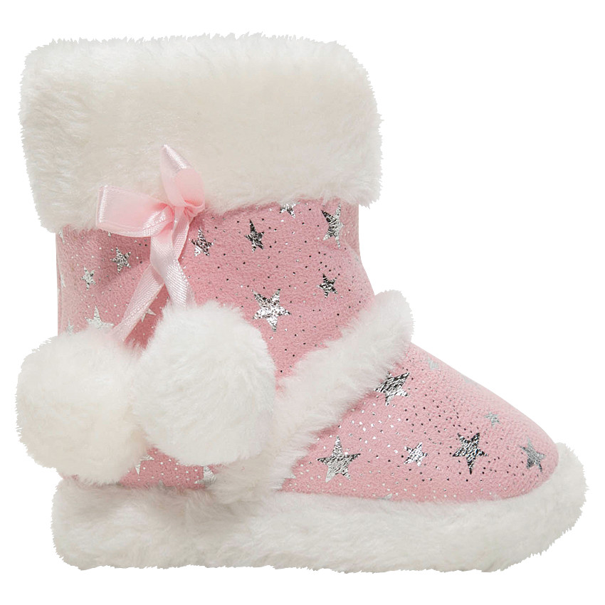 Chaussons fille fourrés forme botte avec étoiles en foil argenté 