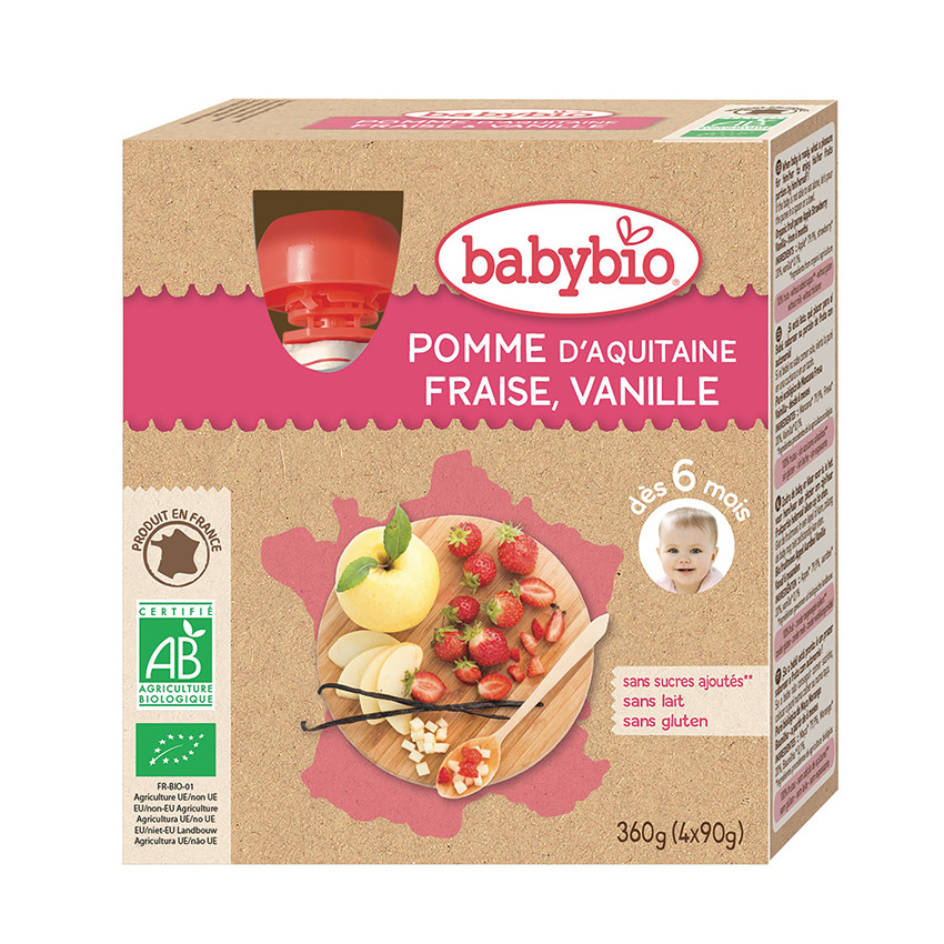 Pack de 4 gourdes pomme fraise et vanille bio 