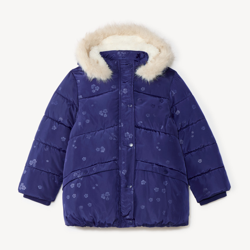 Doudoune fille matelassée à capuche fourrure motif fleuri