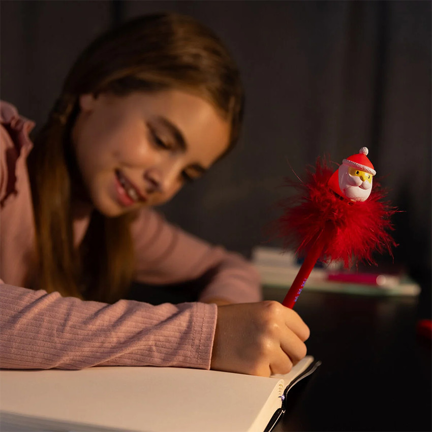 Stylo bille à plumes avec Père Noël lumineux rouge 
