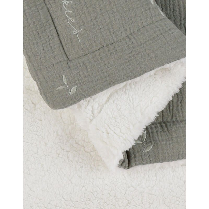 Couverture mousseline brodé feuille 75x100cm Sherpa Kaki 