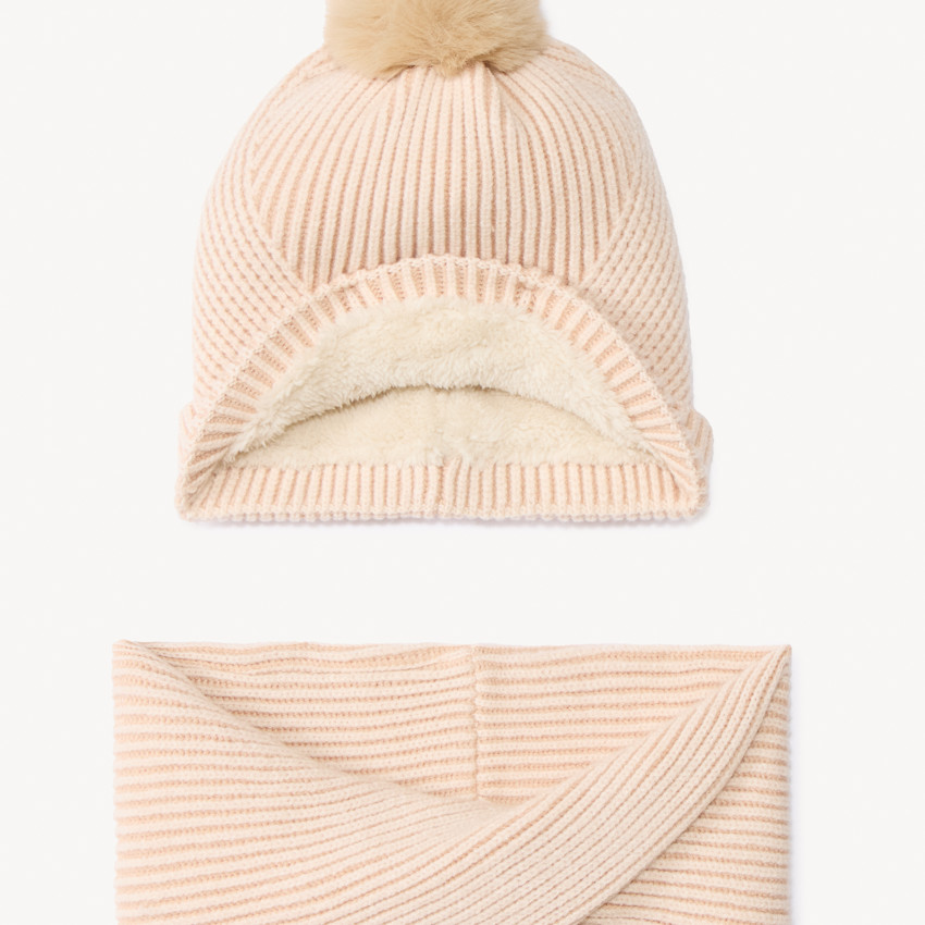 Set bonnet + snood tricot côte assortie doublé sherpa pour fille 