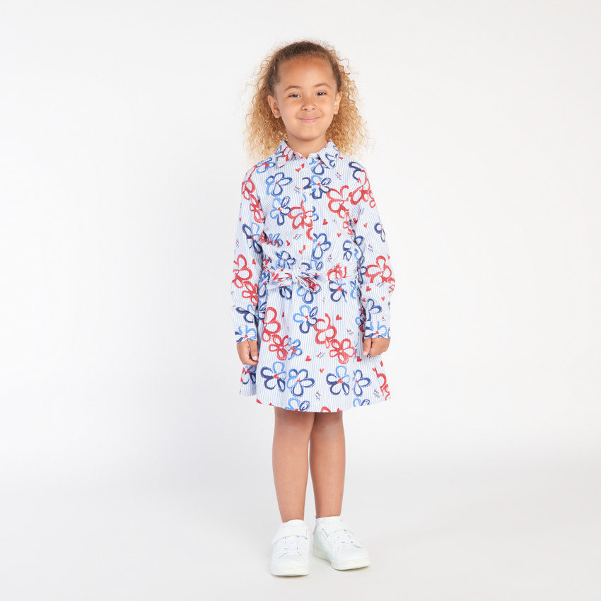 Robe manches longues rayée et imprimée fleurs pour fille
