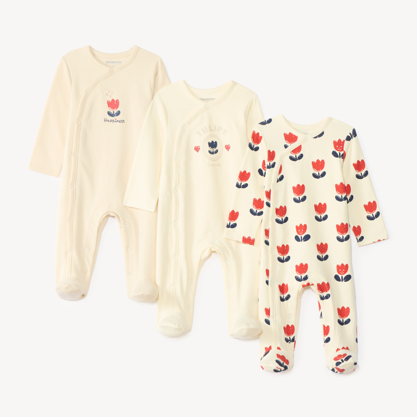 Lot de 3 dors-bien bébé fille motif tulipe (Finitions différentes selon l'âge)
