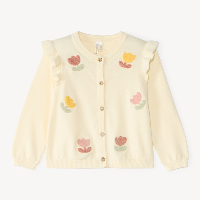 Gilet bébé fille en tricot motif fantaisie avec patch bouclette