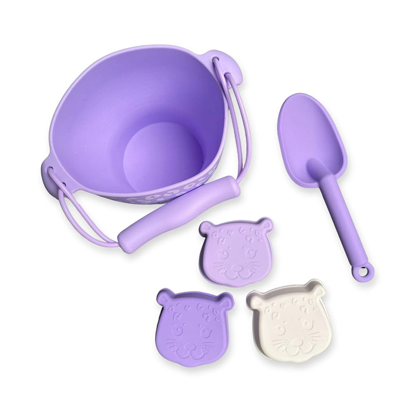 Seau de plage avec pelle et 3 moules en silicone Léopard lilas 