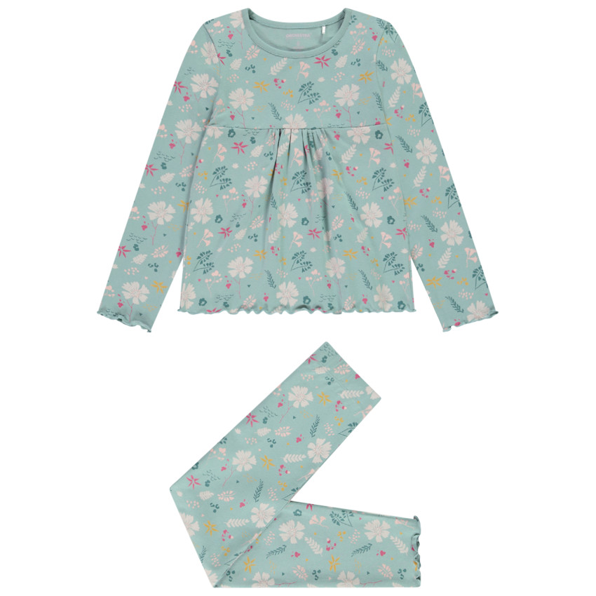 pyjama 2 pièces en jersey imprimé fleuri pour fille - bleu