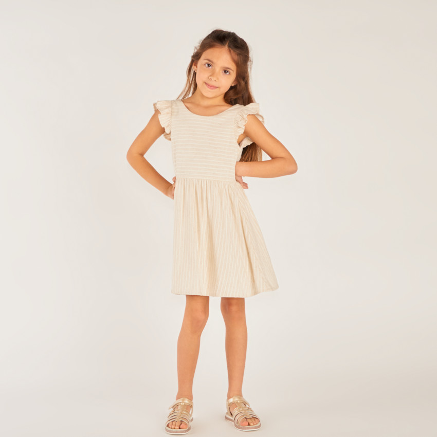 Robe manches courtes en toile à rayures avec dos en V pour fille