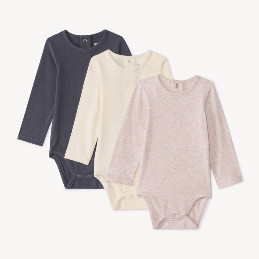 Lot de 3 bodies manches longues unis pour bébé - Beige