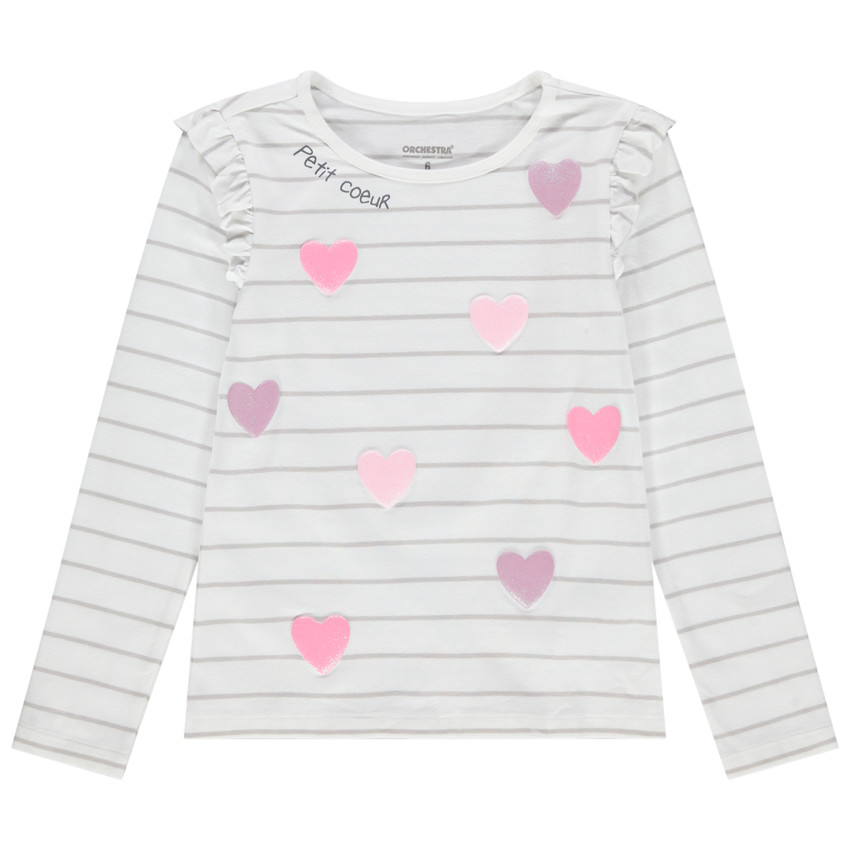 T-shirt manches longues rayé à volants et coeurs pailletés 