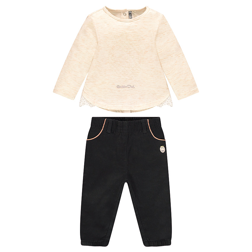 Ensemble tee-shirt avec broderie chouette et pantalon en coton 